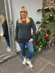 Charcoal Ribbed Lace Trim Top Madeline