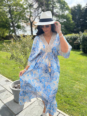 Denim Tropical Tassel Kaftan Dress Orla