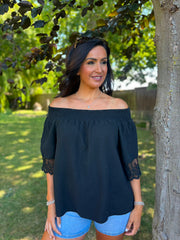 Black Bubble Cotton Lace Trim Top Adele
