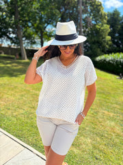 White Gold Trim Open Knit Top Karen