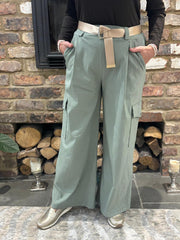 Sage Wide Leg Pull On Cargo Trousers