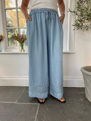 Light Denim Wide Leg Embroidered Trousers