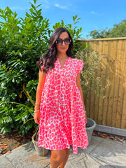 Pink Bubble Cotton Leopard Dress Crystal