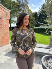 Khaki Sheer Swirl Print Top Hope
