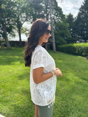 White Floral Lace Tassel Hem Top Gabby