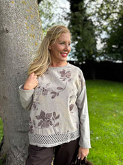 Mocha Crochet Hem Floral Top Ellis