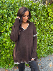 Chocolate Blanket Stitch V Neck Jumper Jenny