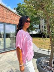 Pink Striped Textured Linen Top Anais