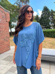 Denim Embroidered Floral Top Frankie