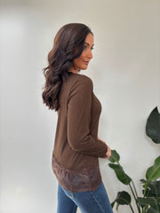 Chocolate Ribbed Lace Trim Top Madeline