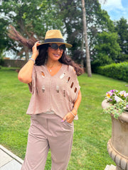 Pink Distressed Metallic Knit Bianca