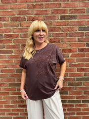 Chocolate Embroidered Leaf Tee Jill