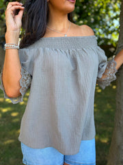 Mocha Bubble Cotton Lace Trim Top Adele