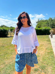 White Distressed Trim Net Top Shirley