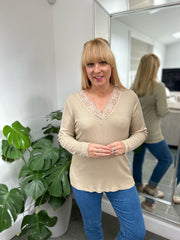 Stone Ribbed Long Sleeve Lace V Neck Erin