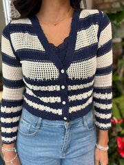 Navy Crochet Stripe Cardi Scarlett