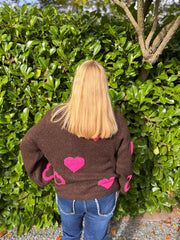 Chocolate & Pink Heart Knit Cardigan Denise