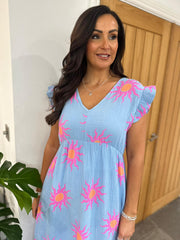 Blue Bubble Cotton Sunburst Dress Florence