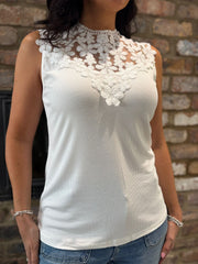 White Crochet Floral Ribbed Vest Olivia