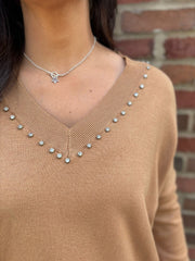 Camel Diamante V Neck Knit Tori