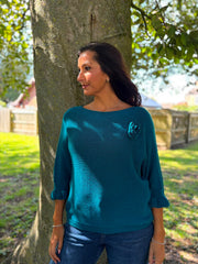 Teal Applique Ruffle Sleeve Knit Crystal