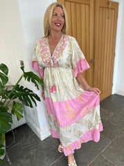 Pink Tiered Golden Leaf Kaftan Dress Molly