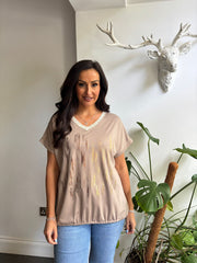 Mocha Metallic Shimmer V Neck Tee Janine