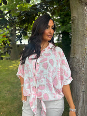 Pink Leaf Print Tie Front Blouse Brielle