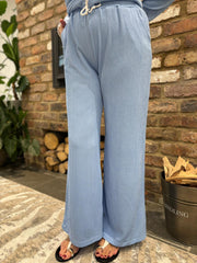Blue Textured Rib Drawstring Trousers Mia