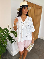 White Paisley Bubble Cotton Top Quinley