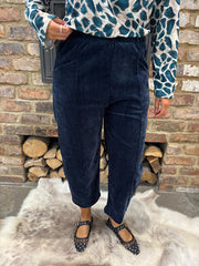 Navy Velour Barrel Leg Trousers Jaiya