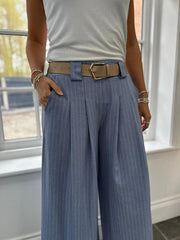 Denim Tailored Wide Leg Pinstripe Trousers