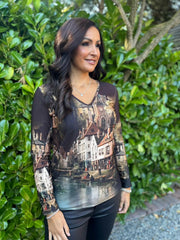 Chocolate Scenic Printed Top River