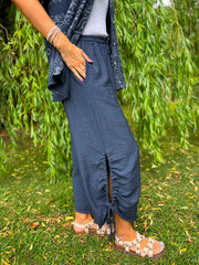 Navy Ruched Drawstring Wide Leg Trousers