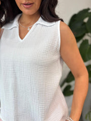 White Sleeveless Bubble Cotton Top Jean
