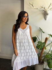 White Mesh Floral Lace Dress Gabriella