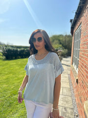 Blue Mesh Panel Knit Top Caroline