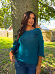 Teal Applique Ruffle Sleeve Knit Crystal