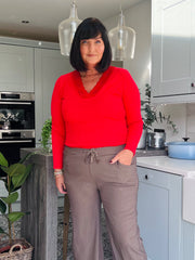 Red Ribbed Long Sleeve Lace V Neck Erin