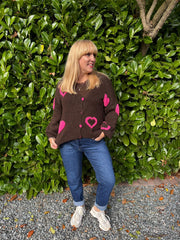 Chocolate & Pink Heart Knit Cardigan Denise