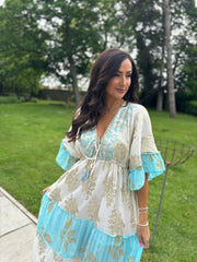 Blue Tiered Golden Leaf Kaftan Dress Molly