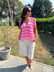 Candy Pink Buttoned Stripe Knit Edith