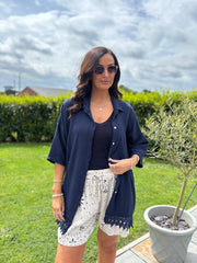 Navy Bubble Cotton Crochet Hem Blouse Jo