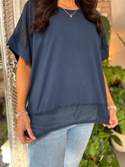 Navy Mesh Trim Short Sleeve Top Riley