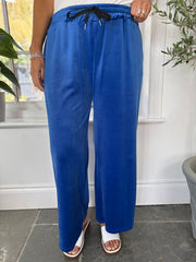 Royal Blue Pull On Wide Leg Velour Trousers