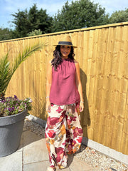 Wine Floral Brushwork Print Trousers