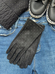 Black Diamante Velour Gloves