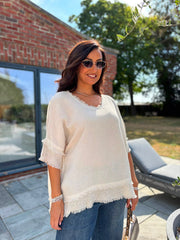 Stone Frayed Detail V Neck Top River