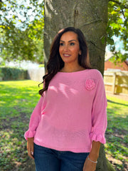 Pink Applique Ruffle Sleeve Knit Crystal