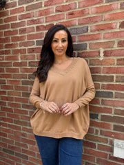 Camel Diamante V Neck Knit Tori